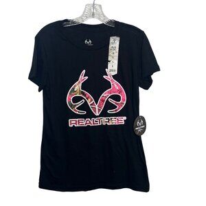 Realtree Camo Logo Short Sleeve Tshirt Womens Large Black Pink New Hunting